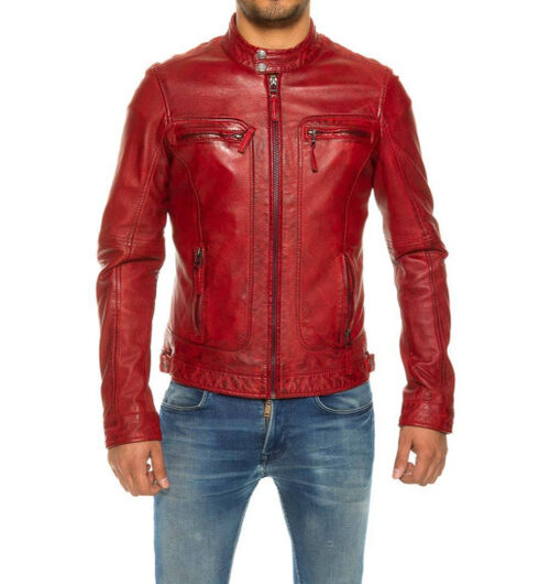 Men's Biker Leather Jacket Red Waxed