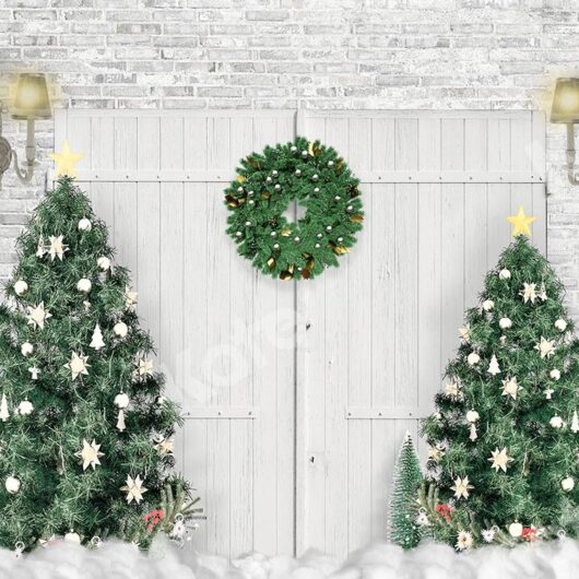 kate photography backdrop Xmas Backdrop White Door Christmas Trees Designed by Emetselch, 5x3ft(1.5x1m)